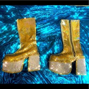 Swarovski platform AB stones with gold hologram sequence. 60s platforms